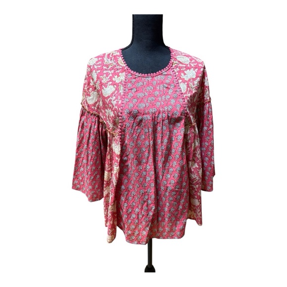 Rachel Zoe pink and white floral print top with bell sleeves size L - Picture 2 of 6